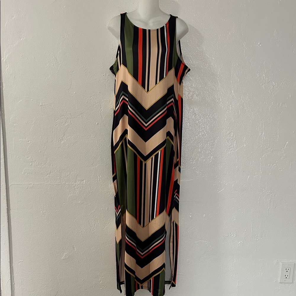 Chic Striped Maxi Dress in Black, Green, and Cream